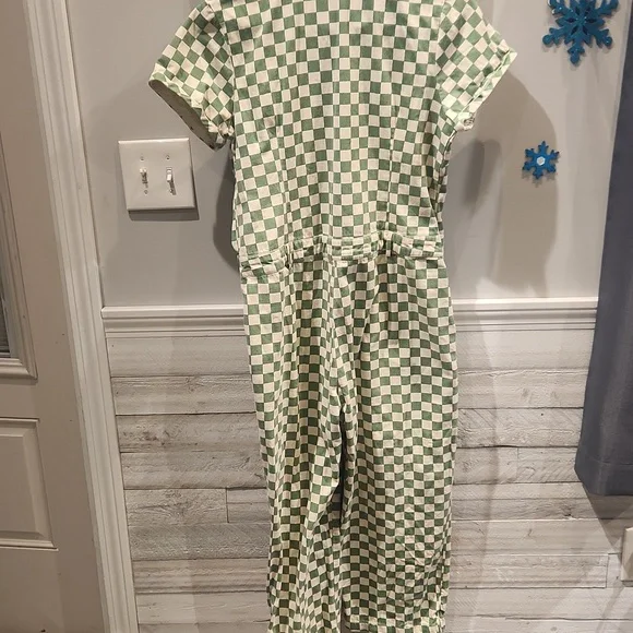 EUC Roolee Green and Cream Checkered Cotton Jumpsuit w/pockets No Sz Tag XS - Picture 6 of 8